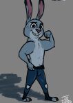  absurd_res anthro brown_eyes clothed clothing crossgender disney flexing hi_res judy_hopps lagomorph leporid male mammal police_uniform pose rabbit solo tangerine_(artist) topless uniform zootopia 