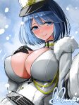  1girl absurdres azur_lane black_gloves blue_eyes blue_hair blush breasts buttons chapayev_(azur_lane) cleavage cleavage_cutout closed_mouth clothing_cutout coat collarbone fur-trimmed_coat fur_trim gloves hair_between_eyes hand_on_own_chest hat highres hisin huge_breasts jacket large_breasts long_sleeves looking_at_viewer military military_hat military_uniform mole open_clothes peaked_cap short_hair smile snow snowing solo uniform upper_body white_coat white_gloves white_headwear white_jacket winter_clothes 