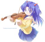  1girl bangs blue_hair blue_shirt blue_skirt blush bow_(music) breasts cardigan clannad closed_mouth commentary_request cowboy_shot emurin french_text hair_bobbles hair_ornament hikarizaka_private_high_school_uniform ichinose_kotomi instrument long_hair long_sleeves looking_at_viewer parted_bangs purple_eyes school_uniform serafuku shirt simple_background skirt small_breasts smile solo two_side_up violin white_background yellow_cardigan 