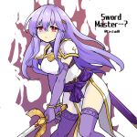  1girl alternate_costume armor aura breasts circlet corruption dark_aura dark_persona english_text fire_emblem fire_emblem:_genealogy_of_the_holy_war holding holding_sword holding_weapon julia_(fire_emblem) long_hair mind_control open_mouth pauldrons purple_hair red_eyes shoulder_armor simple_background solo sword thighhighs thighs weapon yukia_(firstaid0) 