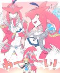  2boys :d absurdres ascot back-to-back blue_ascot blue_shirt colored_skin highres holding holding_sword holding_weapon link long_sleeves male_focus multiple_boys open_mouth pointy_ears red_skin sharp_teeth shield shirt sidelocks sidon smile sparkle sword teeth the_legend_of_zelda the_legend_of_zelda:_breath_of_the_wild translation_request ttanuu. upper_teeth_only weapon white_ascot zora 