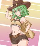  1girl alternate_costume black_shorts bright_pupils brown_headwear brown_jacket closed_mouth commentary_request commission cow_girl cowboy_hat cowboy_shot eyewear_on_headwear gradient_background green_eyes green_hair gun hand_on_headwear hat jacket looking_at_viewer midriff mizusoba multicolored_background multiple_sources navel short_hair shorts skeb_commission solo touhou weapon white_pupils yamashiro_takane 