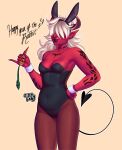  1girl carrot colored_skin demon_horns demon_tail desdemona_(fortnite) fortnite horns long_hair playboy_bunny red_skin sillyfany_(artist) tail white_hair 