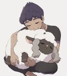  1boy barefoot black_hair closed_eyes closed_mouth commentary_request cuddling dark-skinned_male dark_skin eyelashes fingernails highres hiragana_(maru_kaku) holding holding_pokemon hop_(pokemon) light_blush male_focus pants pokemon pokemon:_twilight_wings pokemon_(creature) shirt short_hair short_sleeves smile wooloo 