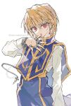  1boy absurdres androgynous blonde_hair blue_tabard chain hair_between_eyes highres hunter_x_hunter kurapika long_sleeves looking_at_viewer male_focus parted_lips red_eyes sakurabakoko shirt simple_background solo tabard twitter_username white_background white_shirt 