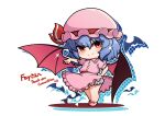  1girl bat_(animal) bloomers blue_hair bow chibi closed_mouth commission footwear_bow full_body hair_between_eyes hand_on_own_hip hat hat_ribbon looking_at_viewer medium_hair mob_cap no_nose outstretched_arm pink_footwear pink_headwear puffy_short_sleeves puffy_sleeves red_bow red_eyes red_ribbon remilia_scarlet ribbon short_sleeves skeb_commission smirk sparkle thighs touhou underwear warashi white_bloomers wind wind_lift wings 