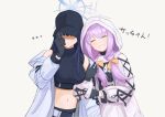  2girls ^_^ absurdres arm_hug atsuko_(blue_archive) bare_shoulders baseball_cap black_gloves black_headwear black_shirt blue_archive blue_hair blush bow breasts closed_eyes coat commentary_request crop_top facing_viewer gloves grey_background grin hair_bow hat highres hood hooded_jacket jacket kinnikugaihan large_breasts long_hair long_sleeves midriff multiple_girls navel off_shoulder open_clothes open_coat orange_bow purple_hair saori_(blue_archive) shirt simple_background sleeveless sleeveless_shirt smile stomach upper_body white_coat white_jacket yuri 