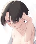  1girl black_hair blush breasts collarbone extra girls_und_panzer green_eyes hair_over_one_eye highres kuzuryuu_kennosuke large_breasts looking_at_viewer nude one_eye_closed open_mouth short_hair simple_background solo upper_body white_background 