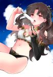  1girl azumi_(myameco) black_bow black_hair blue_sky bow breasts bridal_gauntlets cleavage cloud commentary_request day earrings fate/grand_order fate_(series) flying food hair_bow holding hoop_earrings ishtar_(fate) jewelry long_hair medium_breasts navel popsicle red_eyes sky solo 