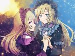  2girls black_dress blonde_hair blue_eyes dress facial_mark gothic_lolita hairband highres holding_hands hortense lolita_fashion lolita_hairband multiple_girls purple_eyes roman_(sound_horizon) shiori_(hpug2828) siblings smile sound_horizon twins violette 