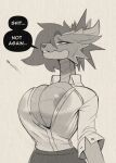  anthro breasts clothed clothing english_text female ghastlyfish_(artist) horn monochrome nipples scalie simple_background solo text wardrobe_malfunction 