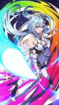  1girl absurdres bare_shoulders blue_hair blue_lightsaber blush breasts cleavage_cutout clothing_cutout cruzvu dress energy_sword full_body gloves griseo griseo_(cosmic_expression) hair_ornament highres holding holding_lightsaber honkai_(series) honkai_impact_3rd large_breasts light_blue_hair lightsaber long_hair looking_at_viewer open_mouth purple_eyes solo sword weapon white_dress white_gloves white_sleeves 