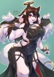  2022 2_horns 2d_(artwork) accessory anthro aria_(fluffeve) arm_tuft big_breasts biped black_clothing black_dress blush breasts brown_hair clothed clothing colored cosplay dagger dragon dress elbow_tuft feathered_wings feathers female fingerless_gloves fur furgonomics furred_dragon gloves gold_hairband hair hair_accessory hair_between_eyes hairband halo halterneck handwear hi_res holding_dagger horn horn_jewelry horn_ring jewelry long_hair looking_at_viewer melee_weapon open-back_dress open_mouth open_smile orange_eyes portrait red_eyes ring ring_(jewelry) side_boob sidelocks simple_background skin_fang smile smiling_at_viewer solo standing stiletto_(weapon) tail tail_accessory tail_jewelry tail_ring teal_background tetto thick_thighs three-quarter_portrait tongue tuft two-sided_fabric weapon white_body white_fur wide_hips wings yor_forger 