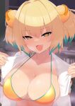  1girl :d blonde_hair blue_eyes blue_hair bombergirl breasts cleavage commentary_request da_(da_3939) fangs grenade_hair_ornament hair_intakes highres large_breasts looking_at_viewer open_mouth pine_(bombergirl) smile solo two_side_up upper_body yellow_pupils 