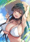  1girl bikini black_hair blue_sky branch breasts cloud cloudy_sky hanasaki_mahiru hat heart hime_cut horizon large_breasts long_hair ocean one_eye_closed open_mouth orange_eyes original sky smile solo straw_hat swimsuit water white_bikini 