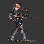  1girl absurdres ahoge bike_shorts black_background black_shorts blonde_hair blue_eyes blush braid bullet combat_shirt cz_bren-2 cz_bren-2_br ear_protection full_body gaiters gloves gun headset highres holding holding_weapon indie_virtual_youtuber knee_pads leg_holster load_bearing_vest long_hair long_sleeves magazine_(weapon) open_mouth ostwindprojekt plate_carrier shorts simple_background solo suppressor teeth thighhigh_gaiters thighhighs virtual_youtuber weapon whiskey_project 