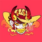  1boy black_hair fang fire hat horns looking_at_viewer male_focus monkey_d._luffy muppet_(toboldlymuppet) one_piece open_mouth red_background red_eyes scar short_hair signature smile solo straw_hat straw_hat_pirates teeth 