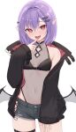  1girl bare_shoulders bat_hair_ornament black_jacket blush braid breasts collarbone commentary_request cowboy_shot ear_piercing fangs finger_to_tongue hair_between_eyes hair_ornament heartsix highres jacket looking_at_viewer low_wings navel original piercing pink_eyes pointy_ears purple_hair see-through short_hair short_shorts shorts simple_background sleeveless sleeves_past_wrists small_breasts smile solo stomach thigh_strap tongue tongue_out white_background wings 