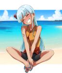  1girl absurdres beach bike_shorts black_shorts blue_hair blue_sky closed_eyes cloud commentary_request flip-flops full_body grin head_tilt highres indian_style long_hair ocean oshiro_project_re ricochet-gou sandals shorts sidelocks sitting sky smile solo tan urasoe_(oshiro_project) very_long_hair 