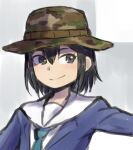  1girl asakusa_midori black_eyes black_hair blue_jacket blue_necktie blush bob_cut bucket_hat camouflage camouflage_headwear close-up closed_mouth eizouken_ni_wa_te_wo_dasu_na! green_headwear grey_background hair_between_eyes hat henriiku_(ahemaru) jacket long_bangs long_sleeves looking_to_the_side necktie portrait sailor_collar school_uniform shirt short_hair sketch smile smirk solo white_sailor_collar white_shirt 