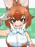  1girl absurdres adeshi_(adeshi0693119) animal_ears bare_shoulders bow bowtie brown_eyes brown_hair dhole_(kemono_friends) extra_ears fang gloves green_background highres japari_symbol kemono_friends kemono_friends_3 looking_at_viewer multicolored_hair open_mouth shirt short_hair simple_background sleeveless sleeveless_shirt solo two-tone_hair white_hair wolf_ears wolf_girl 
