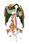  1girl absurdres black_hair bouquet braid cape closed_eyes flower full_body green_cape hanbok highres holding holding_cape holding_clothes korean_clothes leirbs2s2 long_hair original red_ribbon ribbon signature solo very_long_hair white_footwear 