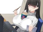  1girl ? black_hair blue_archive blush breasts bubble_tea_challenge chair chopsticks computer convenient_breasts cup_ramen desk eating glasses highres holding holding_chopsticks huge_breasts keenh laptop object_on_breast office_chair red_eyes rio_(blue_archive) sitting solo sweater swivel_chair white_sweater 
