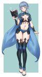  1girl alternate_costume black_thighhighs blue_cape blue_hair blue_panties blunt_bangs blush book braid breasts brown_eyes cape cleavage cleavage_cutout closed_mouth clothing_cutout commentary commission cosplay crown_braid dark_mage_(fire_emblem_fates) english_commentary fire_emblem fire_emblem:_three_houses fire_emblem_fates highres holding holding_book igni_tion large_breasts looking_at_viewer marianne_von_edmund navel ophelia_(fire_emblem) ophelia_(fire_emblem)_(cosplay) panties short_hair sidelocks smile solo stomach stomach_cutout thighhighs toenails toes underwear 