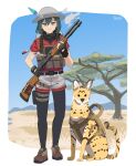  1girl absurdres animal animal_ear_fluff artist_name black_pantyhose blue_eyes blue_sky border brown_footwear chest_rig closed_mouth commentary day gar32 green_hair grey_headwear gun hair_between_eyes helmet highres holding holding_gun holding_weapon kaban_(kemono_friends) kemono_friends looking_at_viewer pantyhose pantyhose_under_shorts pump_action red_shirt remington_870 savannah serious serval serval_(kemono_friends) shirt shoes short_shorts short_sleeves shorts shotgun sky smoke smoking_gun tree weapon white_border white_shorts 