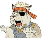  1boy armor blonde_hair chainmail daxratchet eyepatch facial_hair furrification furrowed_brow furry furry_male goatee hands_up headband male_focus mature_male mustache parody_request red_headband short_hair solo spiked_hair thick_eyebrows thorkell upper_body vinland_saga 