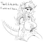  2023 anthro aquilops big_breasts black_and_white breasts curvy_figure dialogue dinosaur english_text eyelashes female fingers goodbye_volcano_high hair hi_res horn long_hair long_tail monochrome open_mouth reptile rosa_(gvh) scalie sitting sketch small_waist snoot_game snout solo spikes spikes_(anatomy) tail text thick_thighs tongue unknown_artist voluptuous wide_hips 