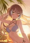  1girl absurdres ahoge alternate_costume arm_behind_head backlighting beach bikini black_choker blush brown_eyes brown_hair choker colored_inner_hair crossed_bangs highres hololive hololive_english jiang_ye_kiri long_hair looking_at_viewer multicolored_hair nanashi_mumei navel palm_leaf palm_tree ponytail streaked_hair sunset swimsuit tree very_long_hair virtual_youtuber white_bikini 