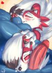  absurd_res anawat anthro balls blue_body blush bodily_fluids claws duo female finger_claws fur generation_4_pokemon generation_7_pokemon genitals happy hi_res lucario lycanroc lynn_(theidiotmuffin) male male/female midnight_lycanroc narrowed_eyes nintendo penis pokemon pokemon_(species) red_body red_eyes red_fur signature simple_background smile text url white_body white_fur 