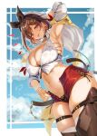  1girl :p arm_up armpits atelier_(series) atelier_ryza atelier_ryza_1 atelier_ryza_3 belt blue_sky blush bracelet breasts brown_belt brown_eyes brown_hair brown_thighhighs commentary_request from_below hat heart highres jewelry looking_at_viewer looking_down micro_shorts navel necklace obiwan outdoors red_shorts reisalin_stout short_hair shorts signature sky smile solo thigh_strap thighhighs thighs tongue tongue_out weisuoxin white_headwear 