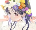  1girl black_hair commentary_request earrings fangs flower flower_wreath fukumaru_koito hair_down hair_flower hair_ornament highres idolmaster idolmaster_shiny_colors jewelry long_sleeves looking_at_viewer portrait purple_eyes see-through skin_fangs solo uouokuma upper_body white_background 