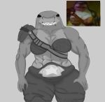  abs anthro beady_eyes big_breasts black_eyes bottomwear breasts clothing female fish grey_background grey_bottomwear grey_clothing grey_pants grey_topwear hand_on_hip hi_res marine monochrome muscular muscular_female pants shark shark_side_of_the_moon sharp_teeth simple_background solo teeth thick_thighs topwear trifuson wide_hips 