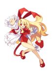  1girl blonde_hair bow demon_tail disgaea dress fallen_angel flonne flonne_(fallen_angel) full_body hair_bow highres index_finger_raised legs long_hair long_sleeves official_art open_mouth red_eyes red_footwear solo tail transparent_background trinity_universe tsunako 