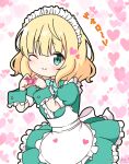  1girl ;) alternate_costume apron aqua_dress blonde_hair blue_bow blush bow center_frills collared_dress commentary_request dress enmaided frilled_apron frilled_dress frills gochuumon_wa_usagi_desu_ka? green_eyes hands_up heart heart_background heart_hands kirima_syaro looking_at_viewer maid maid_apron maid_headdress mitya one_eye_closed pleated_dress simple_background smile solo translation_request twitter_username white_apron white_background wrist_cuffs 