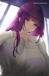  1girl araneesama blunt_bangs blush bra bra_visible_through_clothes breasts collar dress fern_(sousou_no_frieren) frilled_collar frills from_below hand_on_own_chest high_collar highres huge_breasts long_hair long_sleeves parted_lips purple_bra purple_eyes purple_hair purple_nails purple_pupils see-through shirt sidelocks solo sousou_no_frieren straight_hair underwear upper_body white_dress white_shirt 