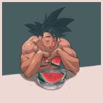  1boy biceps blonde_hair blush bowl closed_eyes collarbone dragon_ball eating elbows_on_table food fruit highres holding holding_food holding_fruit male_focus medium_hair mouth_hold muscular muscular_male pectorals seed solo son_goku spiked_hair supobi sweat teeth topless_male watermelon watermelon_slice 