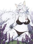  2023 anthro baburusushi blush bra breasts canid canine canis character_request cleavage clothed clothing digital_media_(artwork) felid female female_anthro fur hair hair_over_eye hi_res hybrid kemono lavender_(flower) looking_at_viewer mammal midriff navel one_eye_obstructed pantherine panties side-tie_clothing smile smiling_at_viewer snow_leopard solo tail underwear underwear_only wolf 