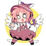  1girl animal_ears bird_ears bird_wings blush brown_headwear chibi earrings full_body hat highres ini_(inunabe00) jewelry mystia_lorelei open_mouth pink_hair short_hair single_earring smile solo touhou white_wings winged_hat wings 