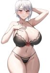  1girl absurdres arm_up bare_arms bare_shoulders bikini black_bikini blush breasts cleavage closed_mouth collarbone commentary_request cowboy_shot grey_hair hand_on_own_chest highres jasony large_breasts looking_at_viewer nail_polish nakiri_alice navel paid_reward_available red_eyes red_nails shokugeki_no_souma short_hair simple_background smile stomach swimsuit thighs underwear white_background 