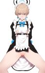 1girl absurdres ass_visible_through_thighs black_gloves blonde_hair blue_archive double_v earpiece expressionless frills gloves halo highres lifted_by_self looking_at_viewer maid maid_headdress no_panties nonflied puffy_sleeves pussy short_hair simple_background solo spread_legs toki_(blue_archive) uncensored v white_background 