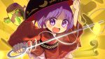  1girl :d black_headwear bowl bowl_hat commentary full_body hangaku_th hat highres japanese_clothes kimono looking_at_viewer miracle_mallet needle_sword open_mouth purple_eyes purple_hair red_kimono sash smile solo sukuna_shinmyoumaru touhou v-shaped_eyebrows yellow_background 