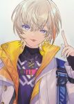  1boy black_sleeves black_sweater blonde_hair fura_kanato head_tilt highres jacket jewelry long_sleeves male_focus multicolored_hair necklace nijisanji orange_hair purple_eyes short_hair solo sweater tongue tongue_out umel234 virtual_youtuber white_background white_jacket 