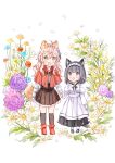  2girls :d aged_down ahoge animal_ear_fluff animal_ears apron black_footwear black_hair black_skirt black_socks blue_flower boots brown_eyes brown_skirt capelet cat_ears cat_girl cat_tail commentary_request flower frilled_skirt frills hair_between_eyes hair_flower hair_ornament holding_hands juliet_sleeves kneehighs komugi_(wataame27) long_sleeves multiple_girls original pantyhose petals pink_flower pink_hair pleated_skirt puffy_sleeves purple_eyes purple_flower red_capelet red_flower red_footwear shirt shoes simple_background skirt smile socks standing tail waist_apron wataame27 white_apron white_background white_flower white_pantyhose white_shirt wolf-chan_(wataame27) wolf_ears wolf_girl wolf_tail yellow_flower 