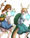  antlers bangle bare_shoulders blonde_hair blue_dress blue_shirt blue_skirt bracelet brown_hair brown_tail buhbuhbored circlet detached_sleeves dragon_ball dragon_girl dragon_tail dress english_commentary feet_out_of_frame frilled_dress frills green_dress green_tail highres holding holding_with_tail jewelry kamehameha_(dragon_ball) kicchou_yachie low_twintails medium_hair monkey_girl monkey_tail multicolored_clothes multicolored_dress pleated_skirt prehensile_tail red_eyes ruyi_jingu_bang shirt short_hair simple_background single-shoulder_dress single_detached_sleeve single_sleeve single_strap skirt sleeveless sleeveless_dress son_biten tail test_tube touhou turtle_shell twintails white_background white_sleeves wide_sleeves yellow_dress yellow_eyes 