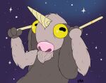  ambiguous_gender anthro big_blue_bubble bovid caprine commanderkitters drumming_stick facial_hair floppy_ears fur goatee grey_body grey_fur horizontal_pupils horn mammal my_singing_monsters night percussion_mallet pink_nose pupils sky solo star starry_sky tapricorn toony unicorn_horn yellow_sclera 