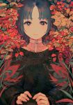  1girl akaneko_(redakanekocat) autumn autumn_leaves berry black_sweater blue_eyes blue_hair commentary expressionless floral_print flower highres long_sleeves looking_at_viewer original plant shirt short_hair solo sweater upper_body 